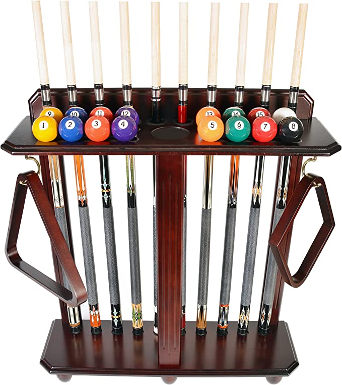 Billiards pool cue rack - holds 10 pool sticks and a full set of balls