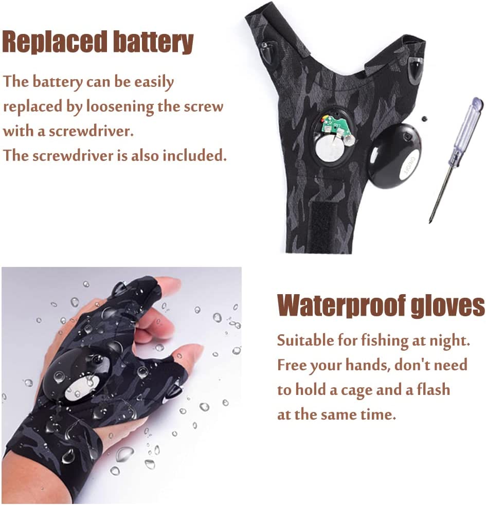 Flashlight gloves LED - Father day gift - with stretchy strap screwdriver - Running fishing camping hiking in dark places