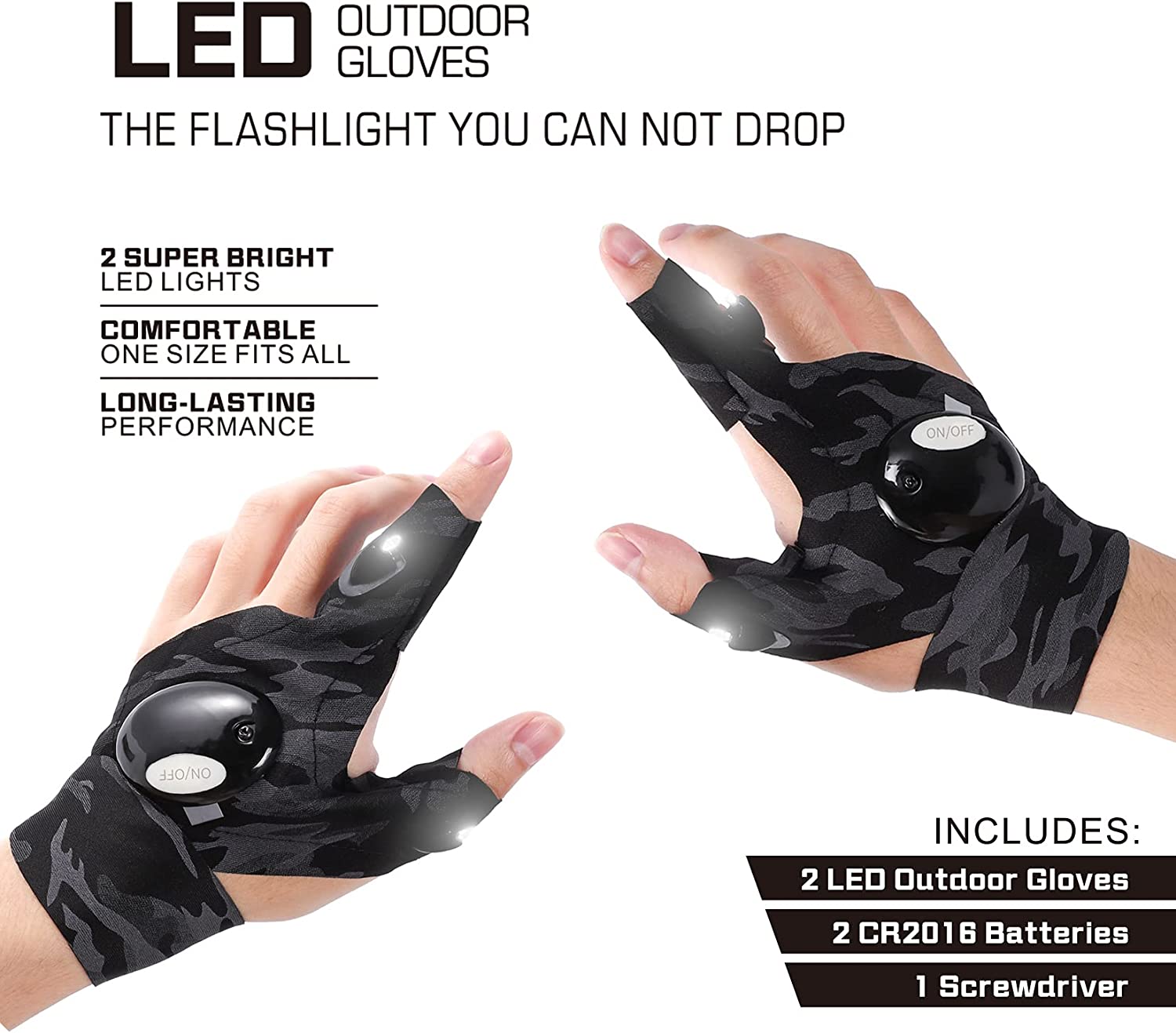 Flashlight gloves LED - Father day gift - with stretchy strap screwdriver - Running fishing camping hiking in dark places