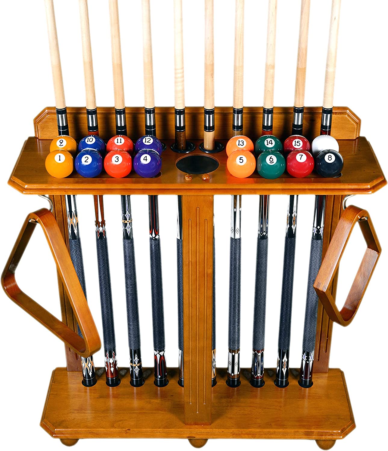 Billiards pool cue rack - holds 10 pool sticks and a full set of balls