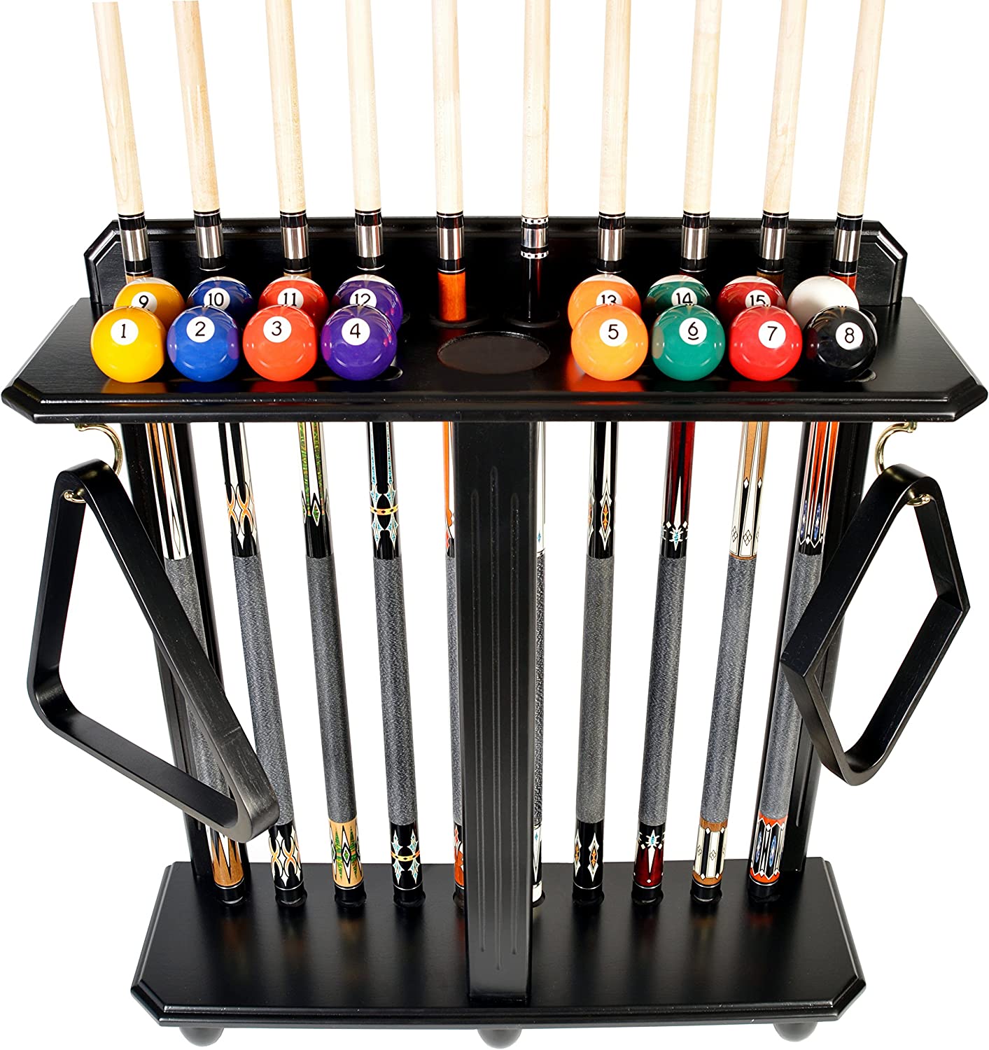 Billiards pool cue rack - holds 10 pool sticks and a full set of balls